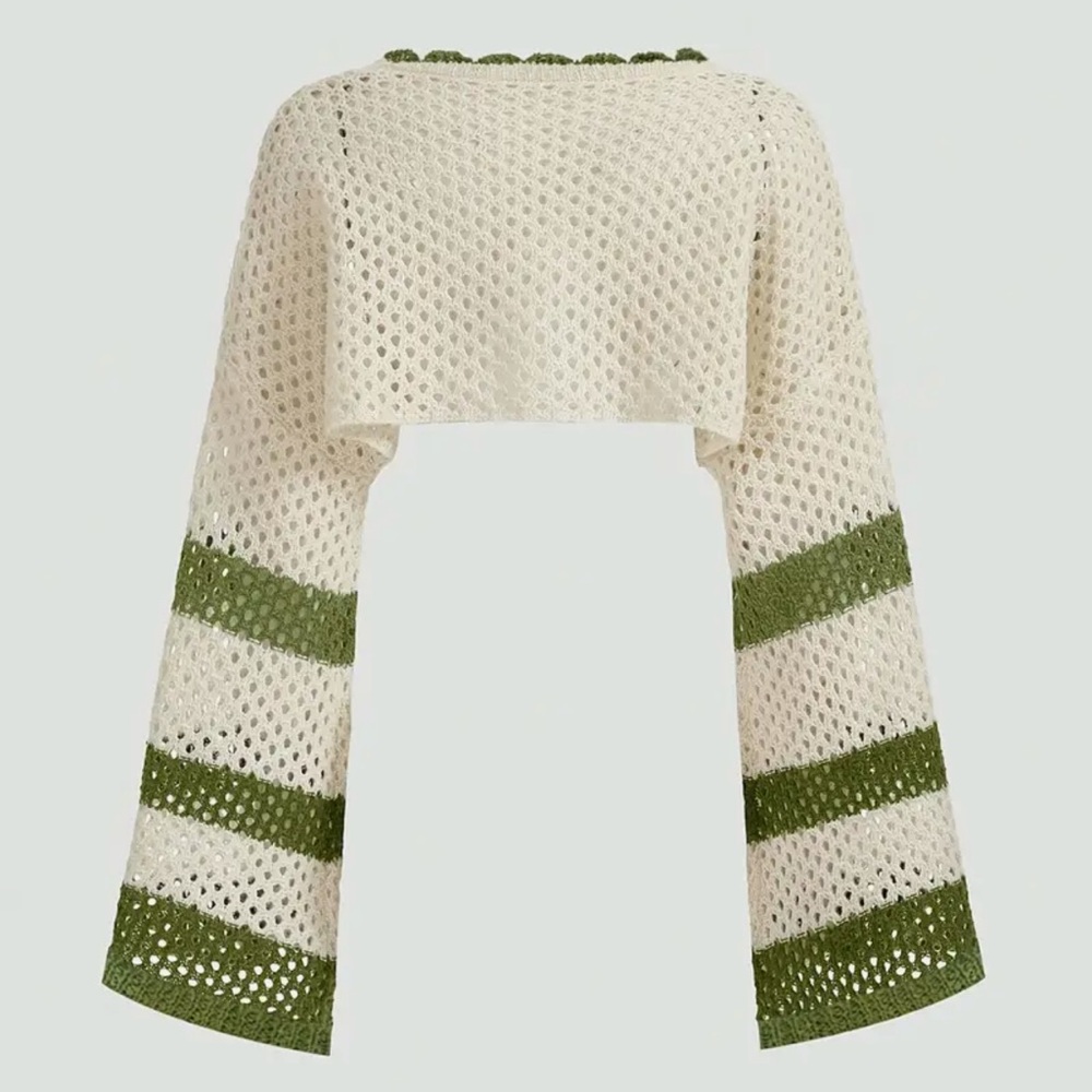 Star Crochet Cropped Pullover Sweater Top Green/ Cream Size M - Picture 3 of 5